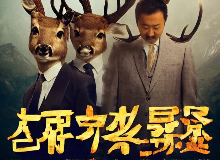 Image similar to a very high resolution image from a new movie, two deer wearing suits are eat instant noodles in a shabby temple directed by zhangke jia