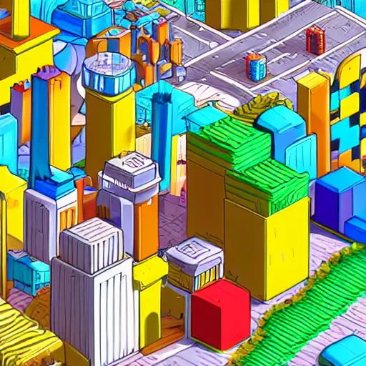 Image similar to futuristic city on a mountainside, colorful city, q - bert blocks, colorful blocks on hillside, 3 d blocks, cel - shading, cel - shaded, 2 0 0 1 anime, bright sunshine