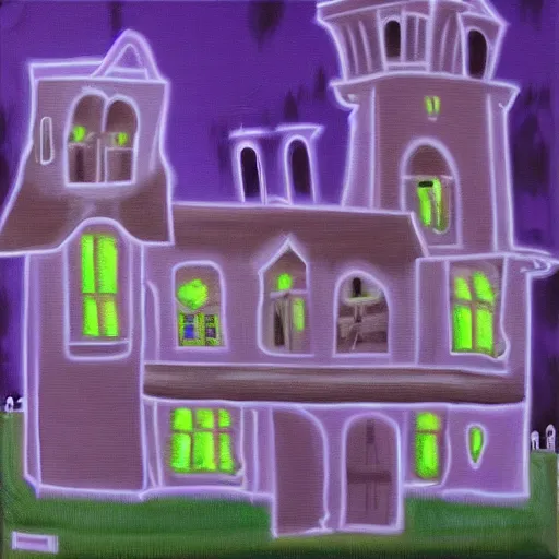 Image similar to painting canvas of lavender town, terrifying, purple dim light, ghosts flying