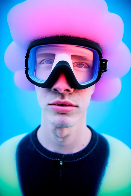 Prompt: high quality pastel coloured film mid angle portrait photograph of a beautiful young 2 0 year old male, soft features, short hair, rubber goggles and oversized inflated clothing!!!! icelandic black! rock pool environment. atmospheric three point light. photographic. art directed. ( pastel colours ). volumetric. clearcoat. waves. 8 k. filmic.