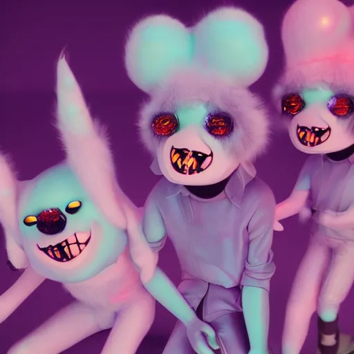 Image similar to misbehaving soft fuzzy monster musicians, in the style of billelis and james jean and pedro conti and stanley kubrick, inspired by die antwoord, kawaii colors, photorealistic, epic, super technical, 3 d render