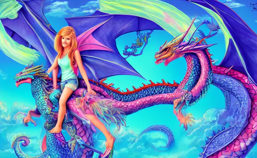 Prompt: teenage girl riding a dragon, digital art, highly detailed, smooth, lisa frank, ultra realistic, bright