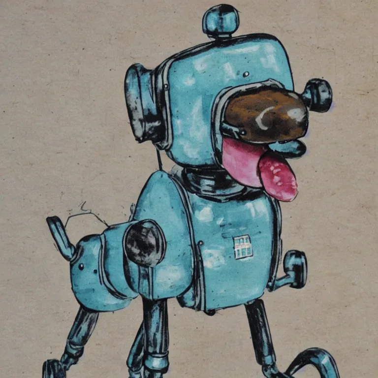 Image similar to a cute retro robot dog. alcohol inks on parchment, muted colors, detailed, beautiful, textured parchment background, 1 9 5 0 s concept art