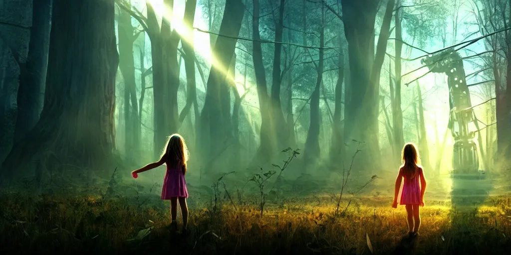 Image similar to sci - fi scene future new york, little girl holding a hand of a big robot, forest punk, crepuscular rays, epic scene, hyper realistic, photo realistic, overgrowth, cinematic atmosphere, ethereal lighting,