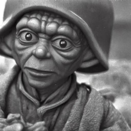 Image similar to Yoda as a Russian soldier in WW2, Battle of Stalingrad 1943, 4K, 30mm film stock, high detail, historical