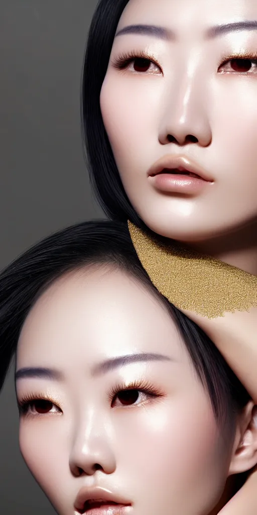 Prompt: hypperrealistic close-up of beautiful chinese woman with silver hair and shimmery gold skin alberto mielgo