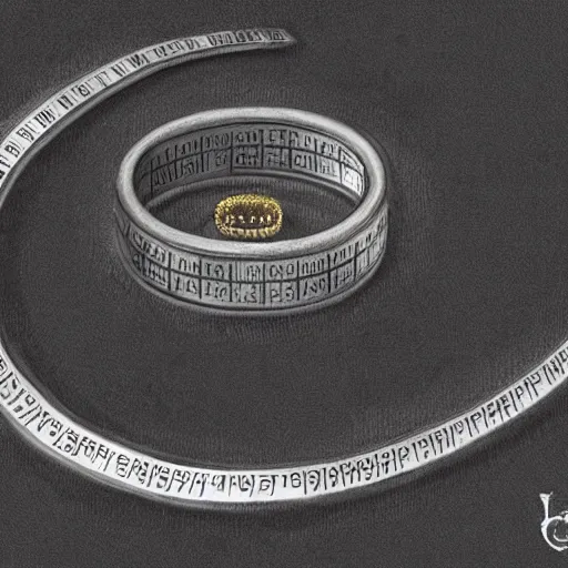 Image similar to the ring from lord if the rings with an imprinted ruler, cm scale imprinted on the inside of the ring, one ring to rule them all, dark background, highly detailed, 8 k, trending on artstation, mystic, rpg artwork, by peter jackson, by sauron