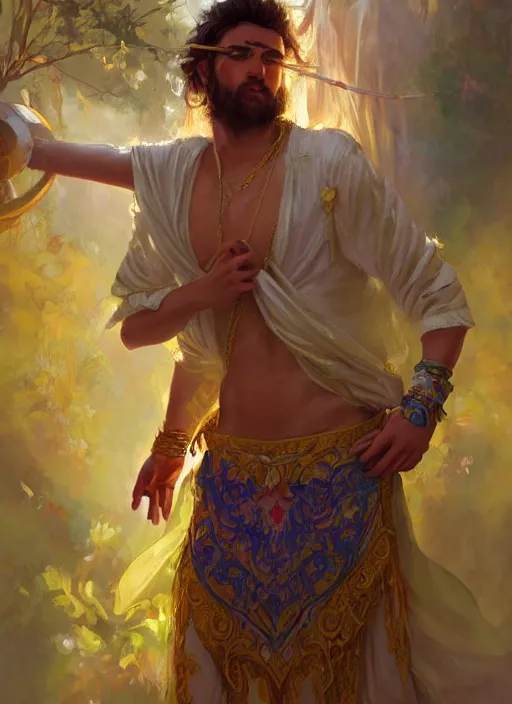 Image similar to a beautiful detailed painting of a gypsy male bard in colorful rainbow firion ornate robes robes, pale skin, white hair, yellow eyes, master of dreams art by jon foster trending on artstation painted by greg rutkowski, painted by stanley artgerm