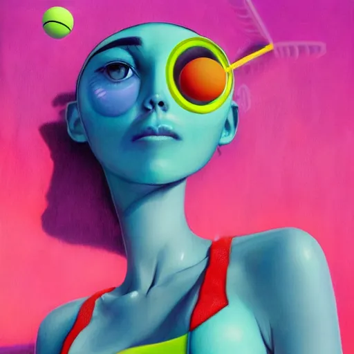 Image similar to Lofi vaporwave portrait beautiful tennis ball monster diva model, dress, bikini, chalk, Pixar style, Tristan Eaton, Stanley Artgerm, Tom Bagshaw, Basil Gogos
