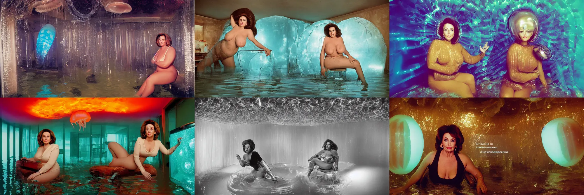 Prompt: glamour photography bust portrait of voluptuous Nancy Pelosi as a jellyfish human hybrid wearing roman armor, sitting inside of a partially flooded 1970s luxury bungalow cabin with infinity mirror walls, suspended soviet computer console on ceiling, ektachrome color photograph, volumetric lighting, off-camera flash, 14mm wide angle lens f8 aperture