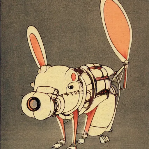 Prompt: steampunk animatronic in the shape of a rabbit, japanese painting