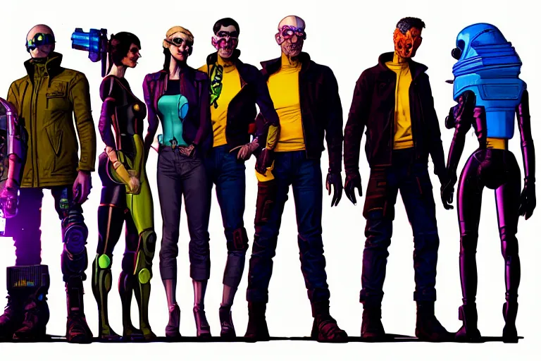 Image similar to cyberpunk heist crew. portrait by stonehouse and mœbius and will eisner and gil elvgren and pixar. character design. realistic proportions. dystopian. cyberpunk 2 0 7 7, apex, blade runner 2 0 4 9 concept art. cel shading. attractive face. thick lines. hi def 4 k. the team. detailed characters.