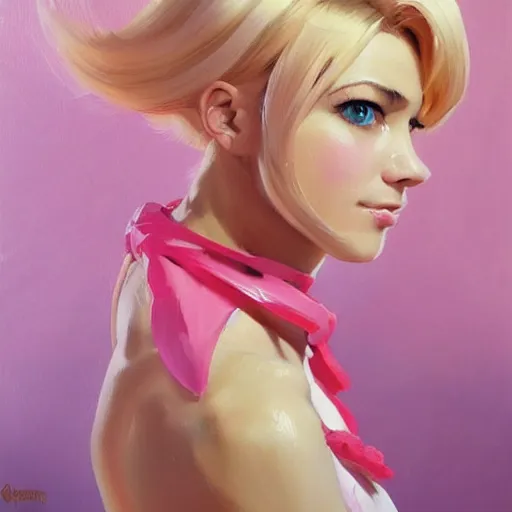 Image similar to greg manchess portrait painting of woman with blonde hair and bangs wearing a pink dress as overwatch character, medium shot, asymmetrical, profile picture, organic painting, sunny day, matte painting, bold shapes, hard edges, street art, trending on artstation, by huang guangjian and gil elvgren and sachin teng