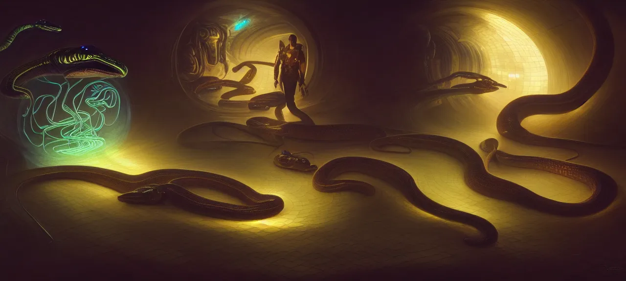 Image similar to Snake in holograms of alien artifacts, electrical case display, total recall tech, ultrarealistic, dramatic lighting, electrical details, high details, 4k, 8k, best, accurate, trending on artstation, artstation, photorealism, ultrarealistic, digital painting, style of, Caravaggio, Peter Mohrbacher, Boris Vallejo