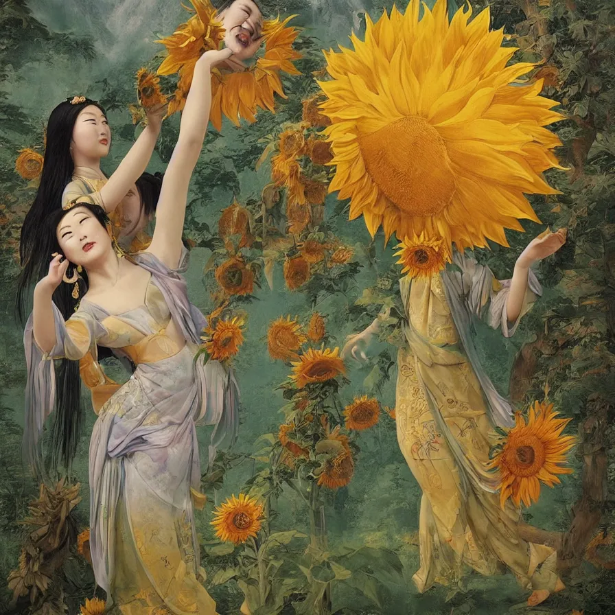 Prompt: The Chinese goddess of sunflowers dancing with the bearded Western god of primeval forests, by Raphael Hopper, and Rene Magritte. Detailed, romantic, enchanting, trending on ArtStation.