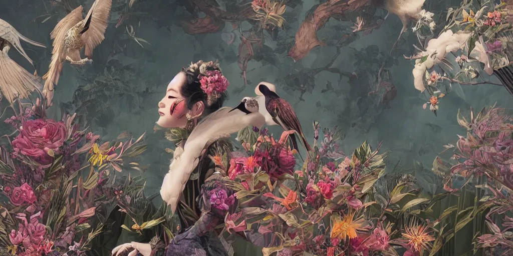 Prompt: breathtaking detailed concept art painting blend of queen sirikrit by hsiao - ron cheng with anxious piercing eyes, vintage illustration pattern with bizarre compositions blend of flowers and fruits and birds by beto val and john james audubon, exquisite detail, extremely moody lighting, 8 k