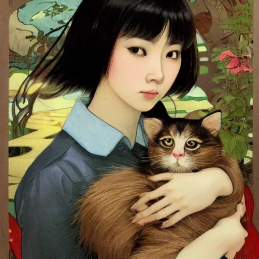 Prompt: cute emo taiwanese woman, with long dark hair, thick eyebrows!!! dark eyes and dark circles!, wide nose!!!, big eyes, oval face shape, big cheeks!, she is holding a cat in her arms, by juan villafuerte, greg rutkowski and alphonse mucha, pexels contest winner, high quality photo, hd rtx