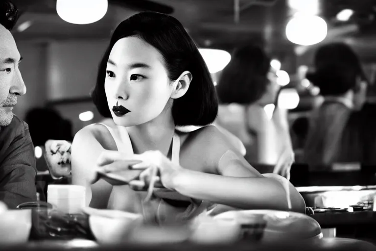 Image similar to movie interior closeup beautiful Japanese model couple closeup sitting and talking at 50s diner, night in the city, beautiful skin, by Emmanuel Lubezki