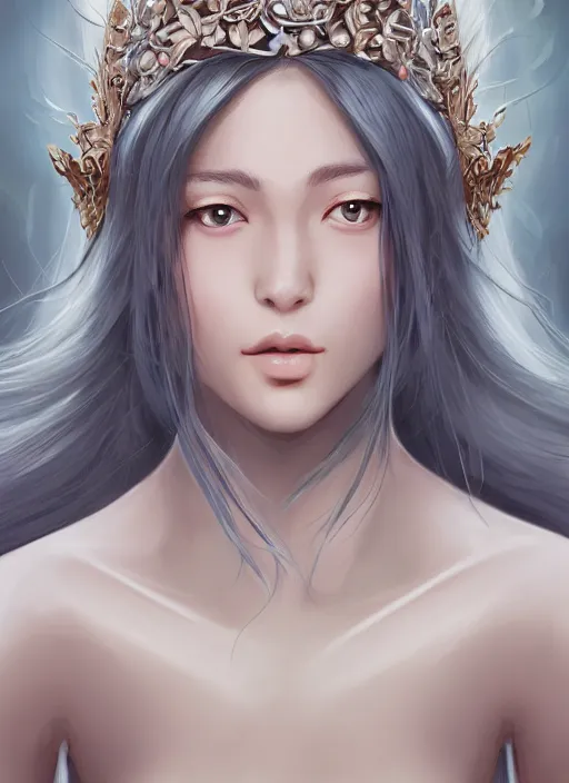Image similar to nymph of the moon, oriental beautiful face, wearing hair crown, silver hair, youthful attractive, clear symmetrical face portrait, muted colors, artstation, cgsociety, character concept art, highly detailed