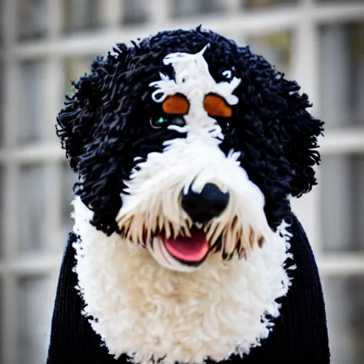 Image similar to a closeup photorealistic photograph of a cute smiling knitted bernedoodle judge dog dressed in a black gown, presiding over the courthouse. indoors, professional capture, well lit shot. this 4 k hd image is trending on artstation, featured on behance, well - rendered, extra crisp, features intricate detail, epic composition and the style of unreal engine.