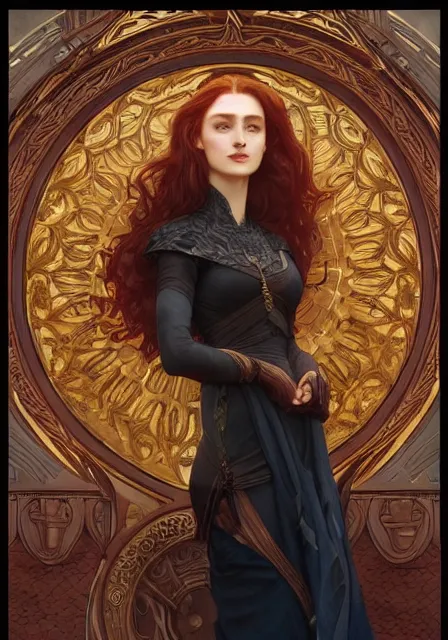 Image similar to sansa fire queen, intricate, elegant, highly detailed, digital painting, artstation, concept art, smooth, sharp focus, illustration, art by artgerm and greg rutkowski and alphonse mucha and willia m - adolphe bouguereau