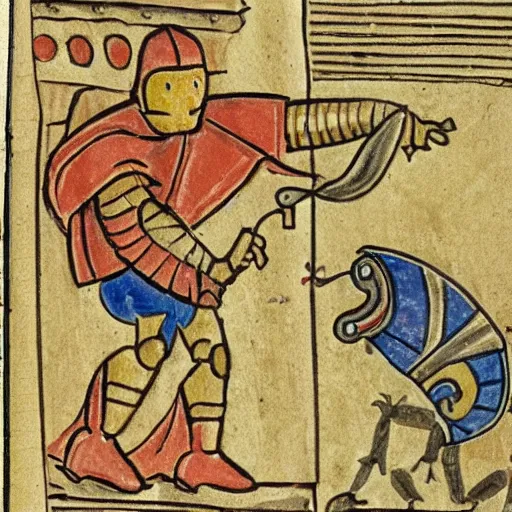 Prompt: A knight fighting a snail in front of a castle, in the style of an ancient manuscript