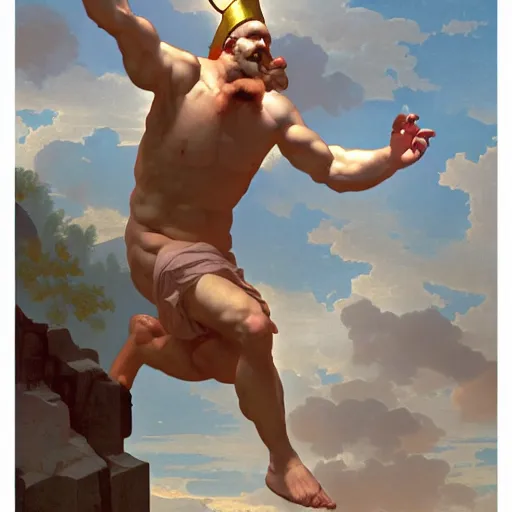 Prompt: Zeus throwing thunders towars the Earth, Gravity Falls (2012), in the style of William-Adolphe Bouguereau, digital art