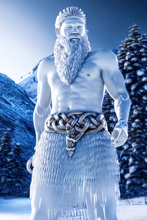 Image similar to photography of a hyper realistic clear ice statue of un unknow viking warrior god. stuning, intricate, complexe. snowy mountains dream landscape. professional digital art, unreal engine 5