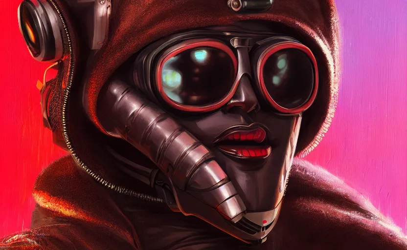 Image similar to closeup painting of anthro big head bee, cyberpunk, wearing crimson - black shutter shades and a dark brown leather jacket, portrait, hyperdetailed, artstation, cgsociety, 8 k, synthwave by tangerine dream