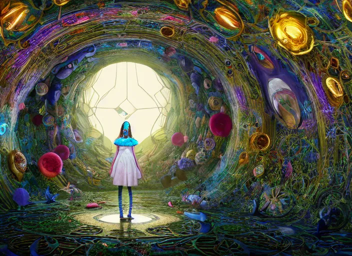 Prompt: vfx surreal 3 d portrait of alice from wonderland walking into a non - euclidean and infinite tunnel of evanescent hallucinatory images, reflections in endless mirrors, giant mushrooms, hyperdetailed, octane render, sharp focus, concept art, intricate by alex grey, greg rutkowski jeff soto and daniel merriam, dan mumford and pixar, octane render