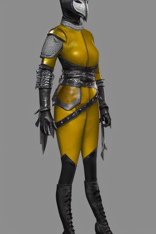 Image similar to female adventurer in tight full - body canary yellow gambeson leather armor of italian design with diamond pattern and black accents and a white porcelain crow mask, trending in artstation, establishing shot