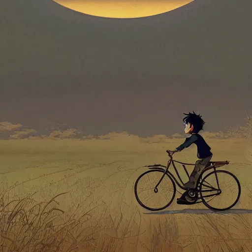 Image similar to a boy riding his bike through the plains of rural japan, high intricate details, rule of thirds, golden ratio, cinematic light, anime style, graphic novel by fiona staples and dustin nguyen, by beaststars and orange, peter elson, alan bean, studio ghibli, makoto shinkai