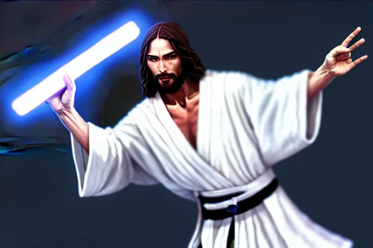 Image similar to jesus christ in a white robe striking an action pose, holding a lightsaber ; art by artgerm ; digital art ; character art ; star wars