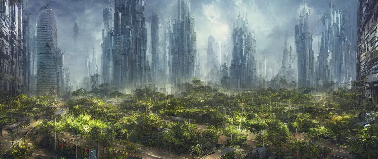 Image similar to matte painting of high tech city overgrown with plants, vincent di fate, masterpiece,