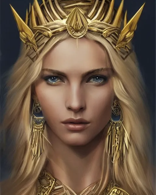 Image similar to tattoo design sketch of hot blonde super model as aphrodite greek goddess wearing a gold laurel wreath and triangle earrings, beautiful piercing gaze with sharp pupils, in the style of greg rutkowski, fantasy, amazing detail, epic, elegant, smooth, sharp focus, front view