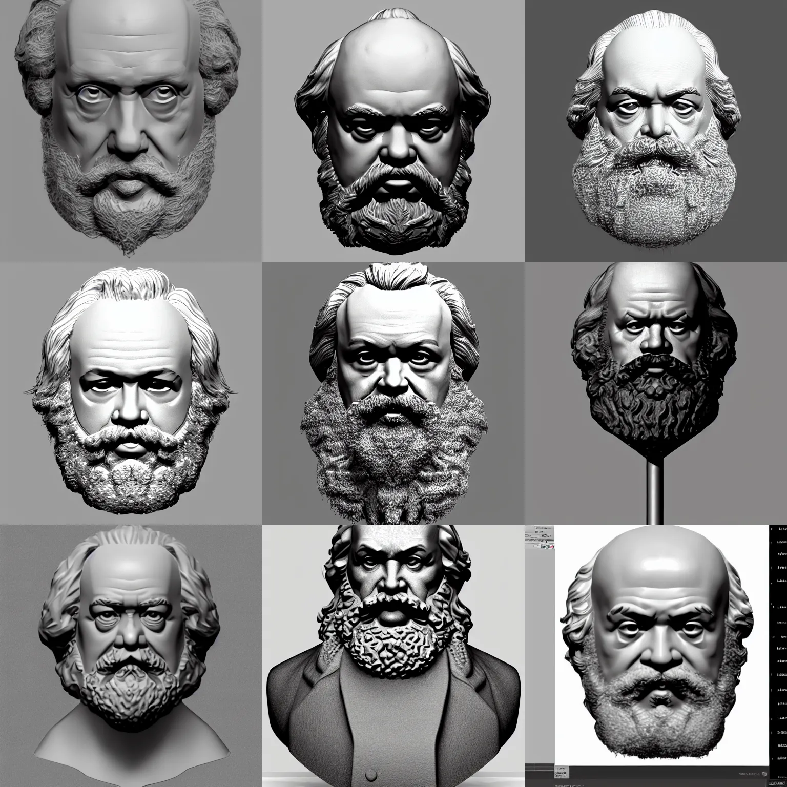 Prompt: karl marx head 3 d model, zbrush, wireframe, retopology, artstation, digital human, xgen hair, unreal engine, hyper detailed