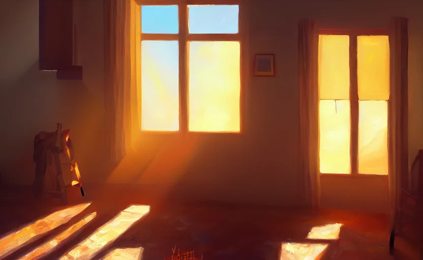 Image similar to rays of the morning sun shining through the window of the village house. very beautiful, clear sky, warm shiny colors, oil painting, high detail, trending on artstation