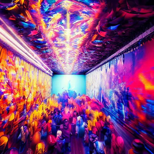 Image similar to cinematic shot epic hall of creatives, walls of large moving images, hyper realistic, mood lighting, fantasy, detailed people creating colorful diverse art, highly detailed, super realistic, perfect lighting pixel sorting, style sheet