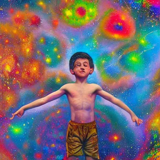 Prompt: a hyperrealistic detailed high painting with many complex textures of a boy playing and jumping, just being happy and free in the cosmos, cosmic surreal psychedelic magic realism spiritual art