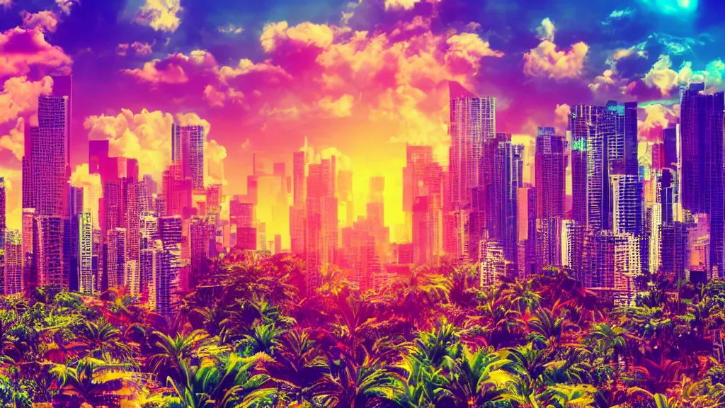 Image similar to golden city in a vaporwave jungle, 4k, ultra realistic, colorful, award winning photograph