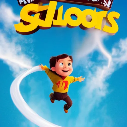 Image similar to a movie poster of a small boy flying taking off 1 0 feet from the ground by using a jetpack that spits a liquid chocolate syrup blend with milk burst with twirls of flow and fluid, and a giant white cereal bowl in the ground getting splashed by the chocolate burst, pixar 3 d animation style