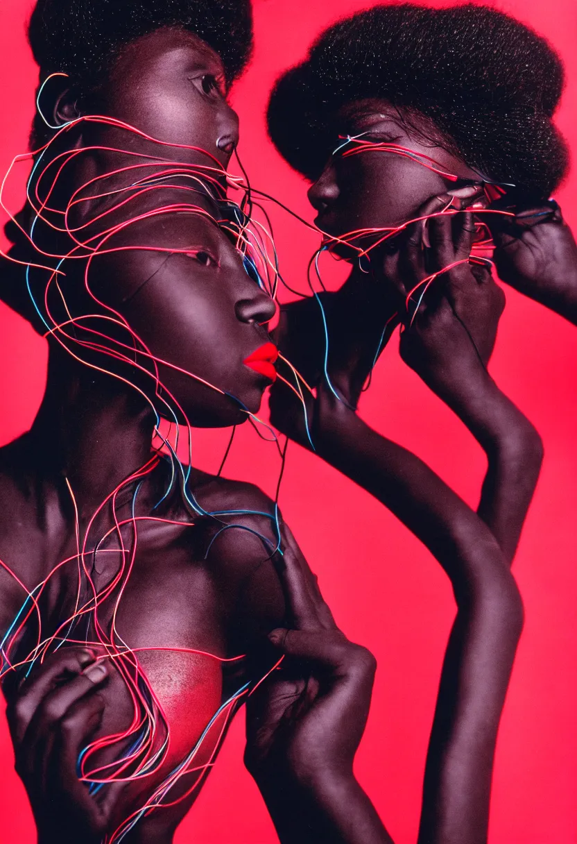 Image similar to medium shot, photograph of alluring dark skin young woman looking into camera, red lipstick, hundreds of cables and wires extruding from her head, sharp focus,, chromatic abberations, as fashion editorial 90s, kodak ektachrome