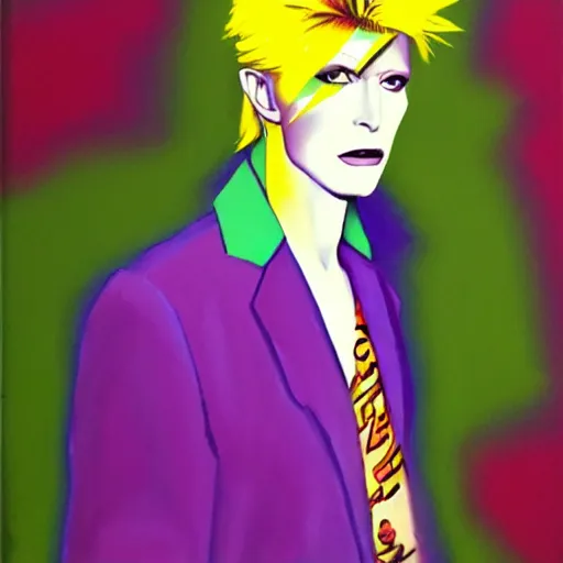 Prompt: an oil painting of blond David Bowie in purple jacket and light green shirt in style of Kira Yoshikage from JOJO.