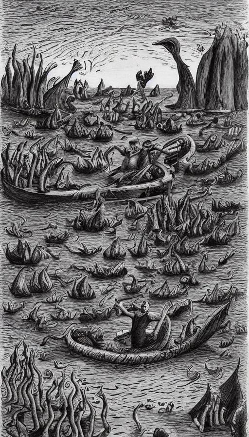 Prompt: man on boat crossing a body of water in hell with creatures in the water, sea of souls, by charles addams