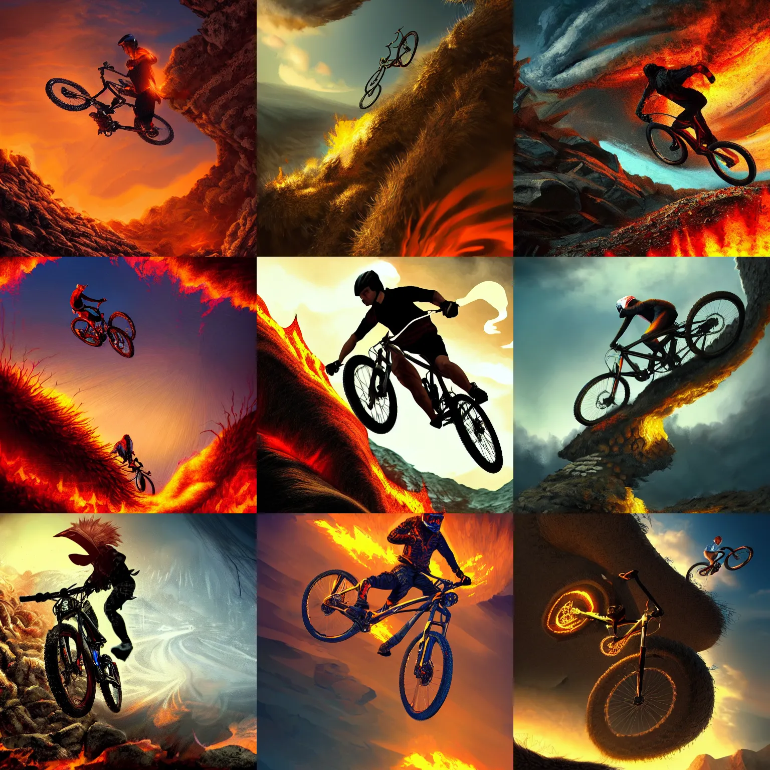Prompt: mountain biker flying over hedgehog, falling down into the fiery depths of hell, elevated point of view, dramatic lighting, intricate, elegant, digital art, artstation
