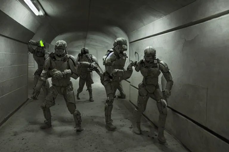 Image similar to battle between human soldiers and grey aliens in a dark underground tunnel