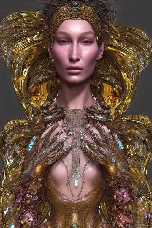 Image similar to a highly detailed metahuman 4 k render of an alien psychedelic goddess bella hadid in iris van herpen dress schiaparelli in diamonds swarovski and jewelry in style of alphonse mucha gustav klimt trending on artstation made in unreal engine 4