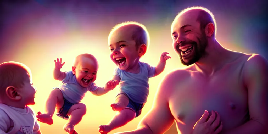 Image similar to epic professional digital art of a happy baby boy with his two fathers, best on artstation, cgsociety, wlop, cosmic, epic, stunning, gorgeous, much detail, much wow, masterpiece, backlight