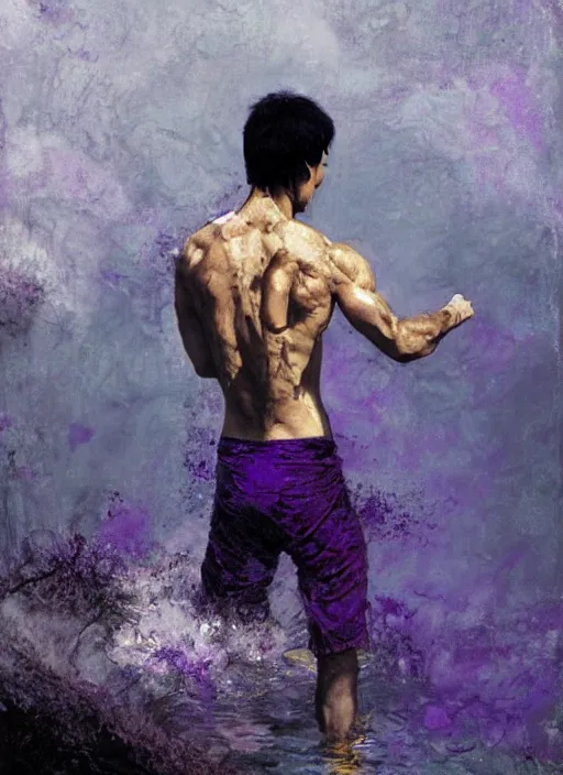 Prompt: bruce lee emerging from purple and black water by greg rutkowski, claude monet, conrad roset, takato yomamoto, rule of thirds, sigma look, beautiful