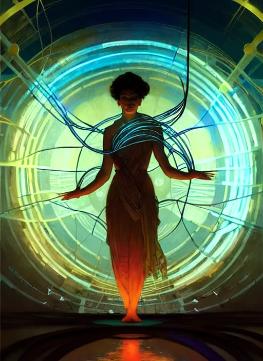 Image similar to high depth, collective civilization learning, calm, healing, resting, life, hybrids, scifi, glowing lights!!, published concept art, mixed medias, image overlays, sharp focus, thin glowing wires, winning illustration, art by greg rutkowski and alphonse mucha, singularity!!!, 3 6 0 projection